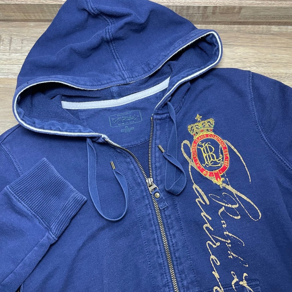 Ralph Lauren Women's Navy Full Zip Crest Graphic Hoodie Sweatshirt Petite Large